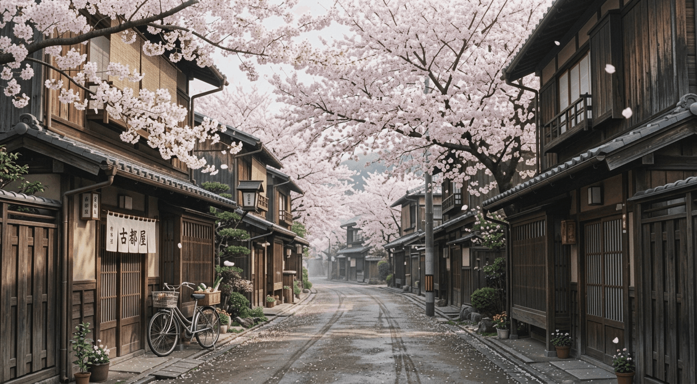古い映像素材とAI修復後の映像の比較(桜並木の街並み)